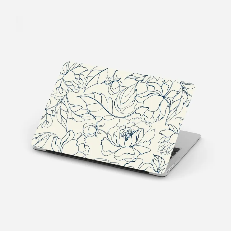 Naklejka na laptopa ręcznie rysowany granatowy wzór kwiatowy na kremowym tle