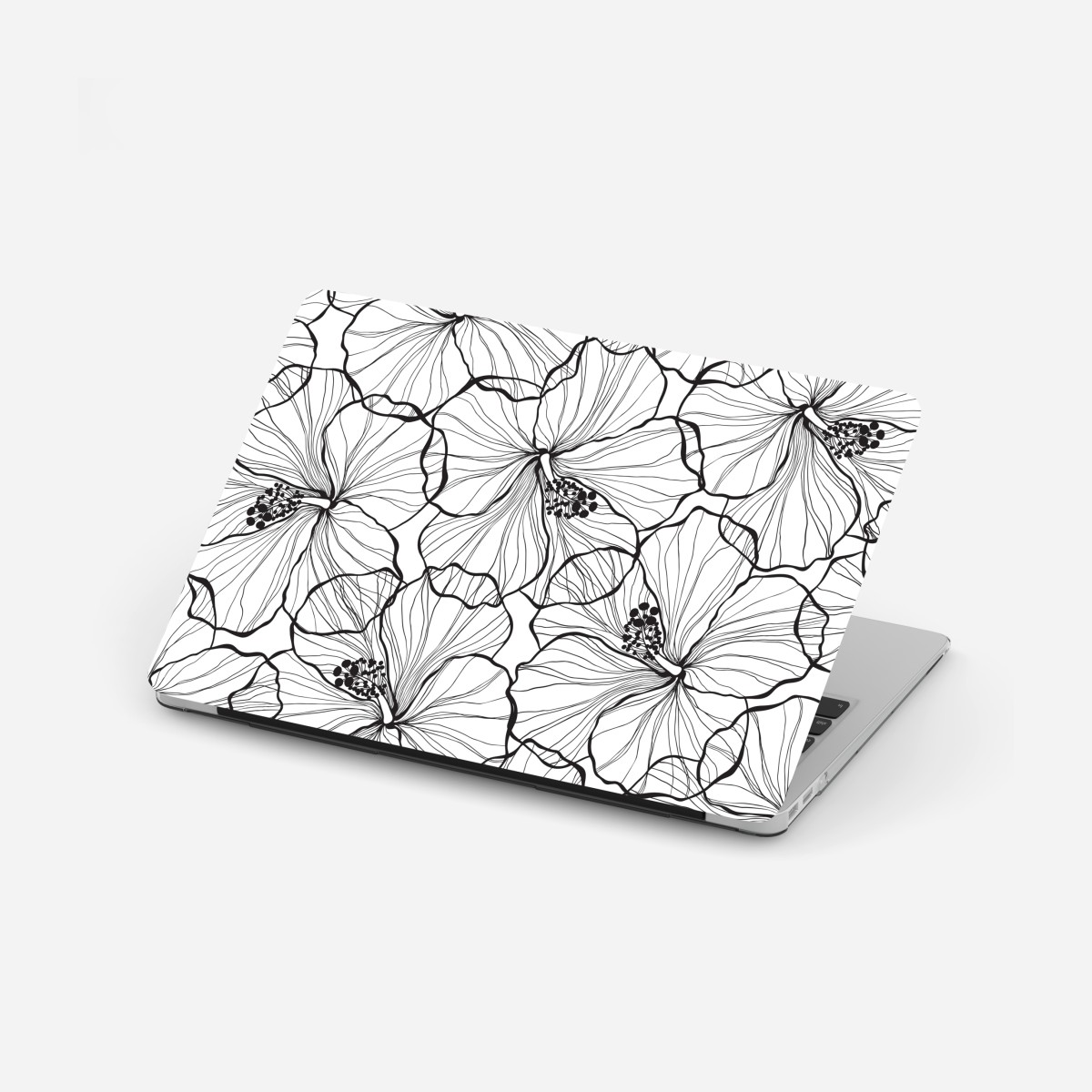 Laptop sticker black and white hibiscus line art pattern