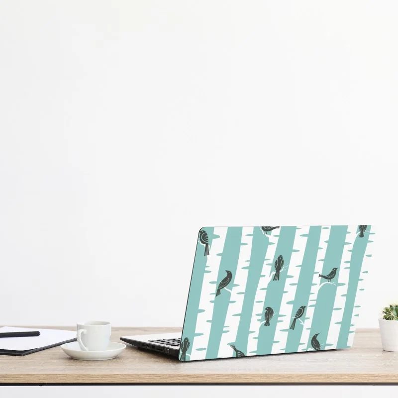 Naklejka na laptopa turkusowy las brzóz z ptakami – Wallissimo® Naklejka na laptopa turkusowy las brzóz z ptakami – Wallissimo®