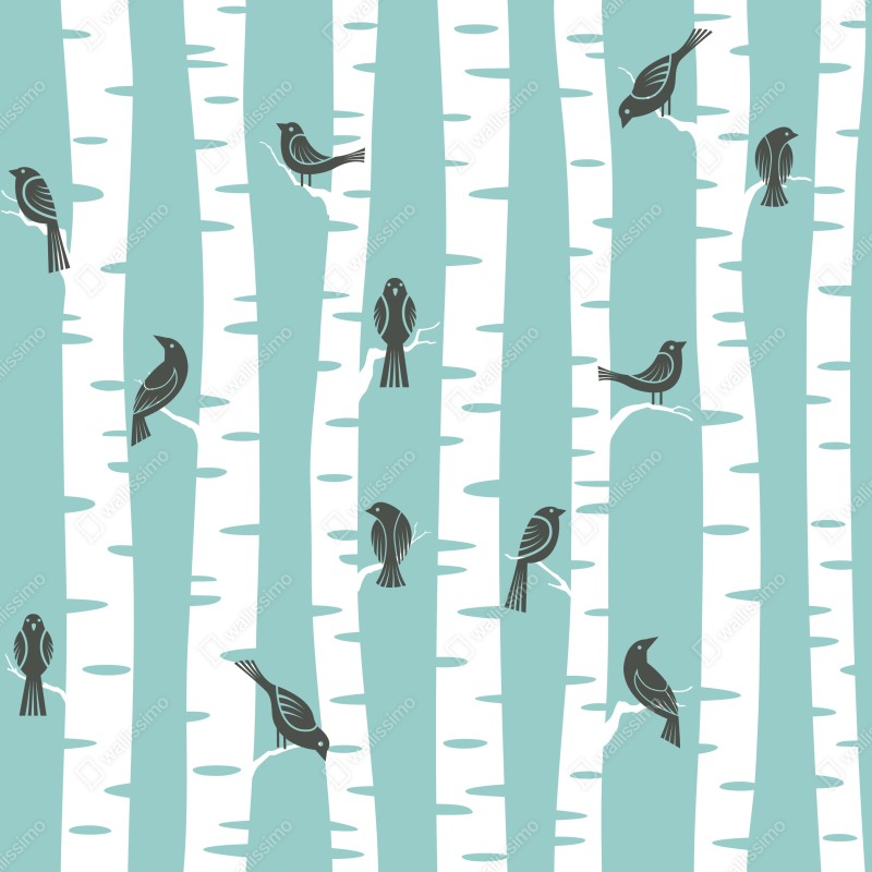 Naklejka na laptopa turkusowy las brzóz z ptakami – Wallissimo® Naklejka na laptopa turkusowy las brzóz z ptakami – Wallissimo®
