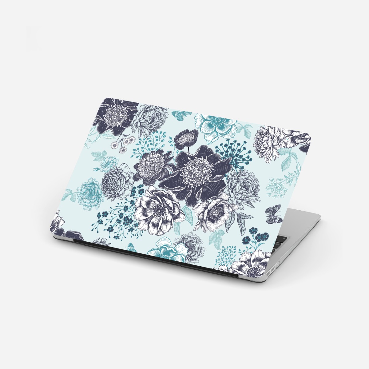 Laptop sticker vintage peony botanical pattern in teal and navy