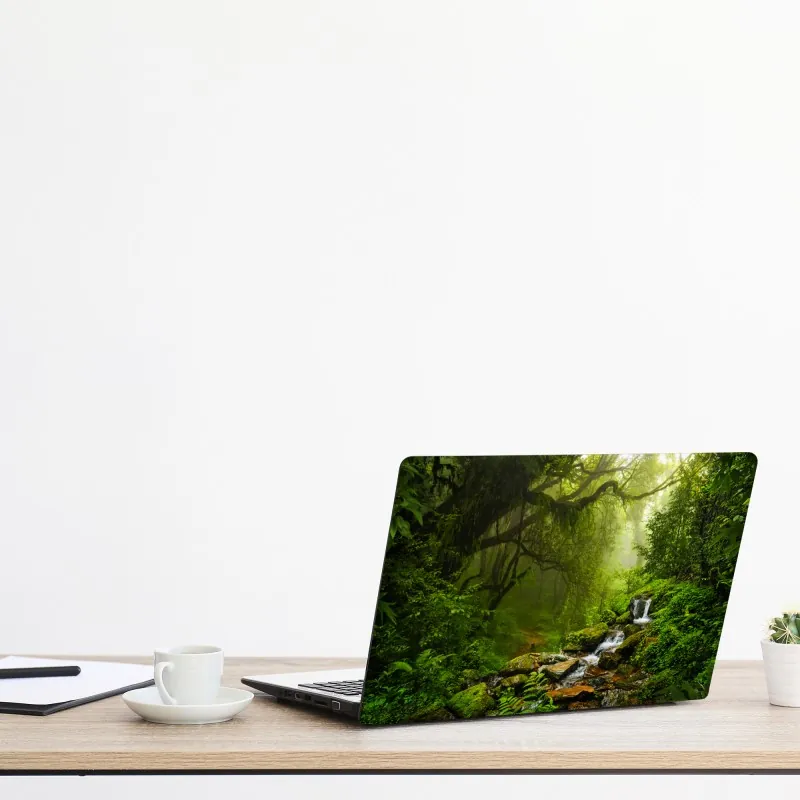 Naklejka na laptopa turkusowy las brzóz z ptakami – Wallissimo®