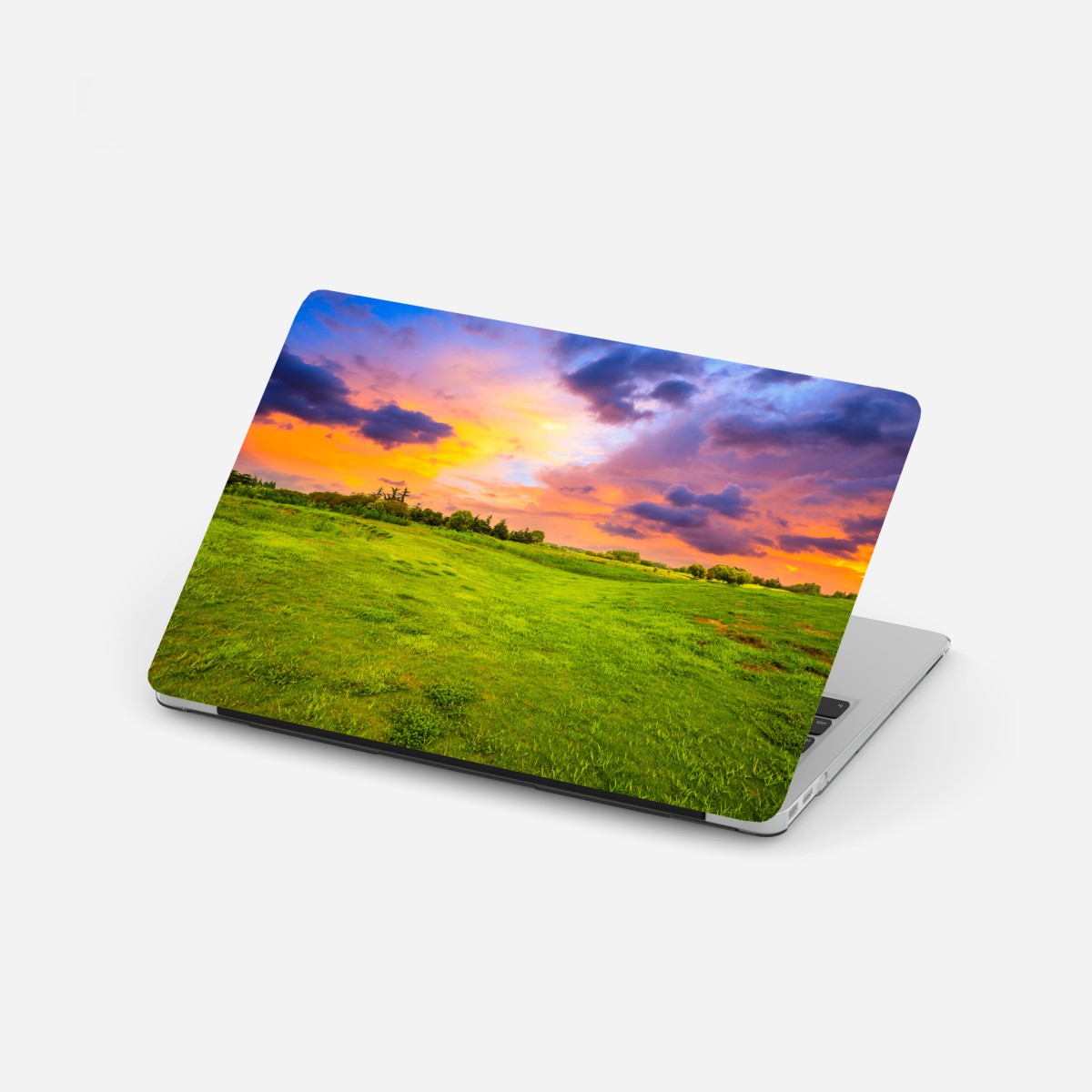 Laptop sticker sunset over green meadow