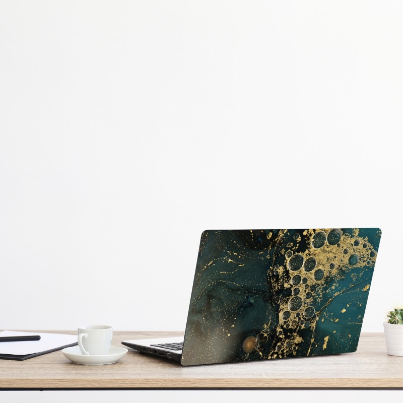 Naklejka na laptopa turkusowy i złoty płynny wir abstrakcji – Wallissimo®