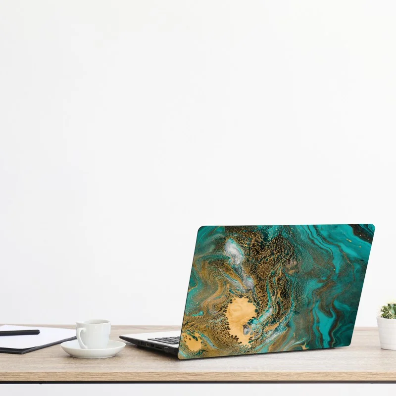 Naklejka na laptopa turkusowy i złoty płynny wir abstrakcji – Wallissimo® Naklejka na laptopa turkusowy i złoty płynny wir abstrakcji – Wallissimo®