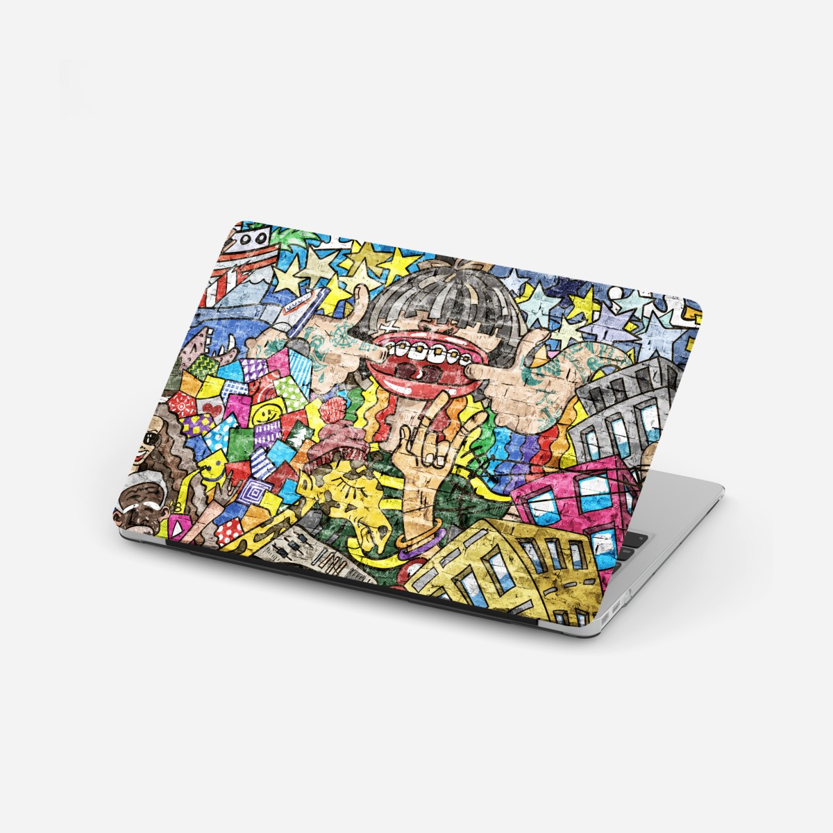 Laptop sticker colorful graffiti mural with playful character