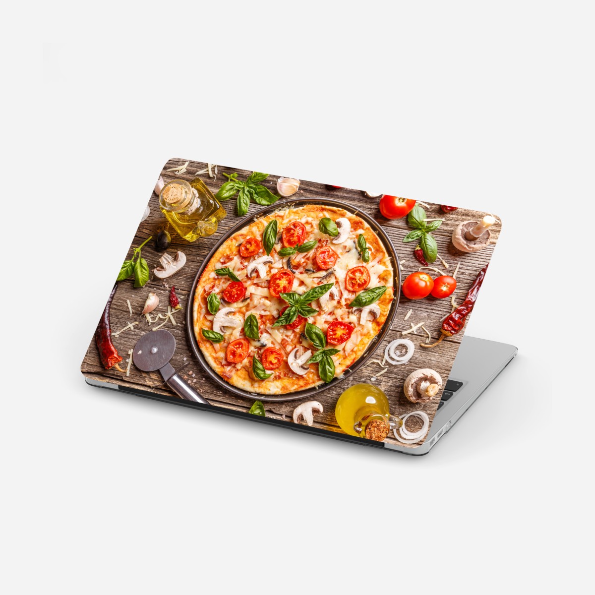 Laptop sticker fresh pizza with basil and cherry tomatoes