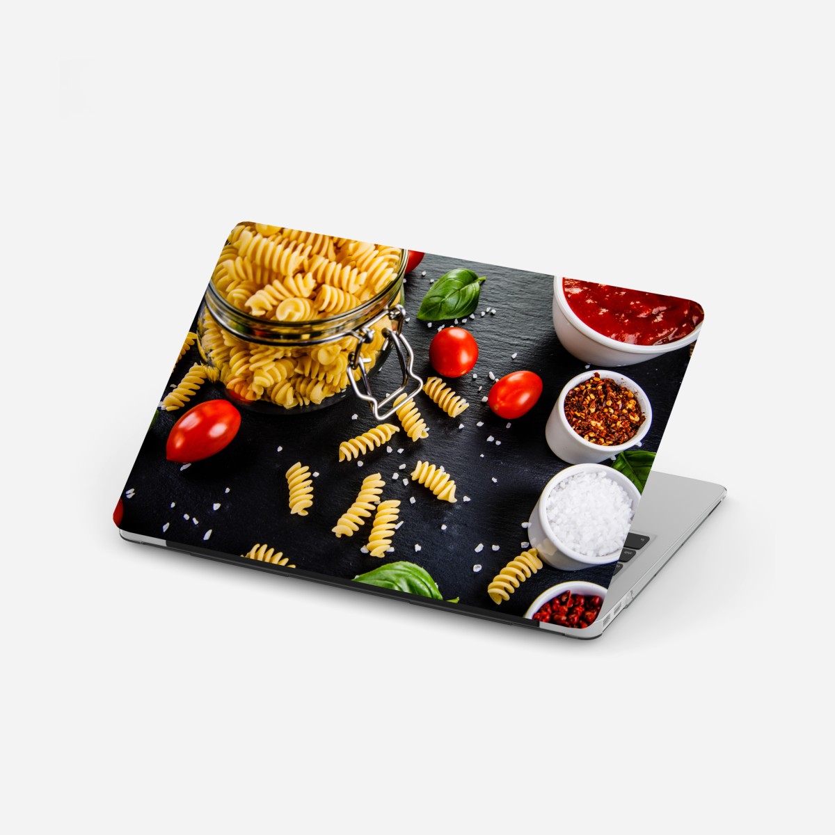 Laptop sticker pasta ingredients flat lay with tomatoes and basil