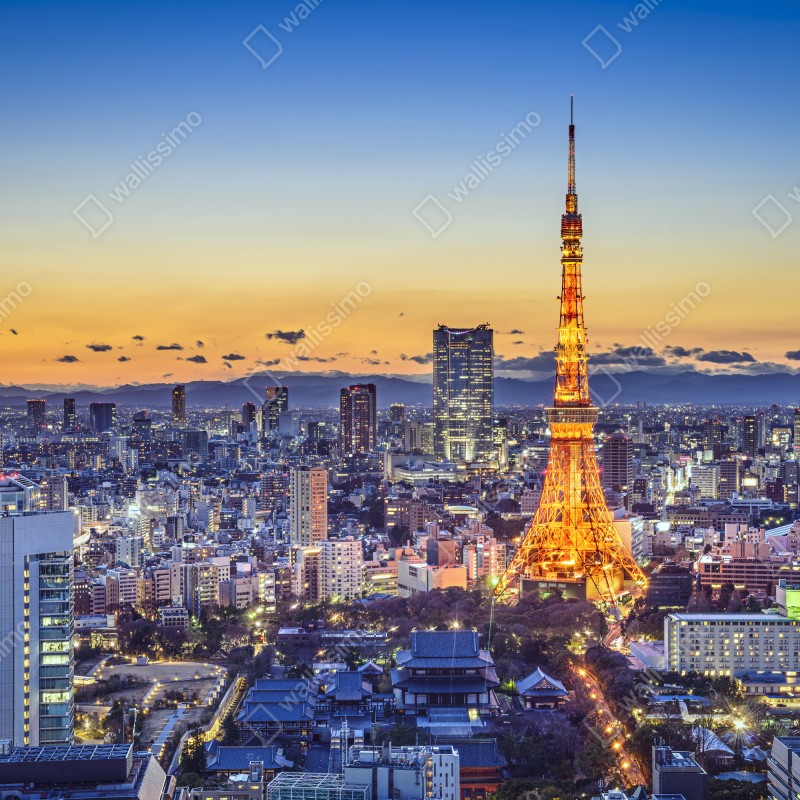 Naklejka na laptopa Wieża Tokijska o zmierzchu nad panoramą Tokio – Wallissimo® Naklejka na laptopa Wieża Tokijska o zmierzchu nad panoramą Tokio – Wallissimo®