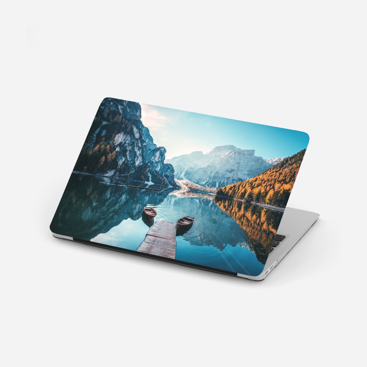 Laptop sticker sunlit dock at Braies Lake, Dolomites