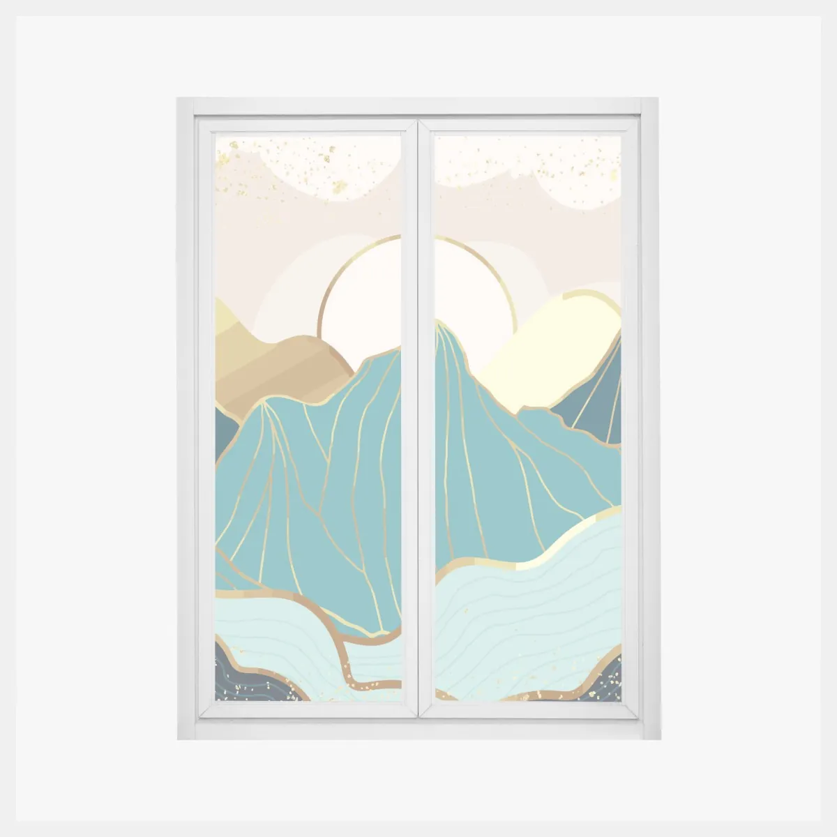 Naklejka na okno turkusowe góry o złotych akcentach – Wallissimo® Naklejka na okno turkusowe góry o złotych akcentach – Wallissimo®