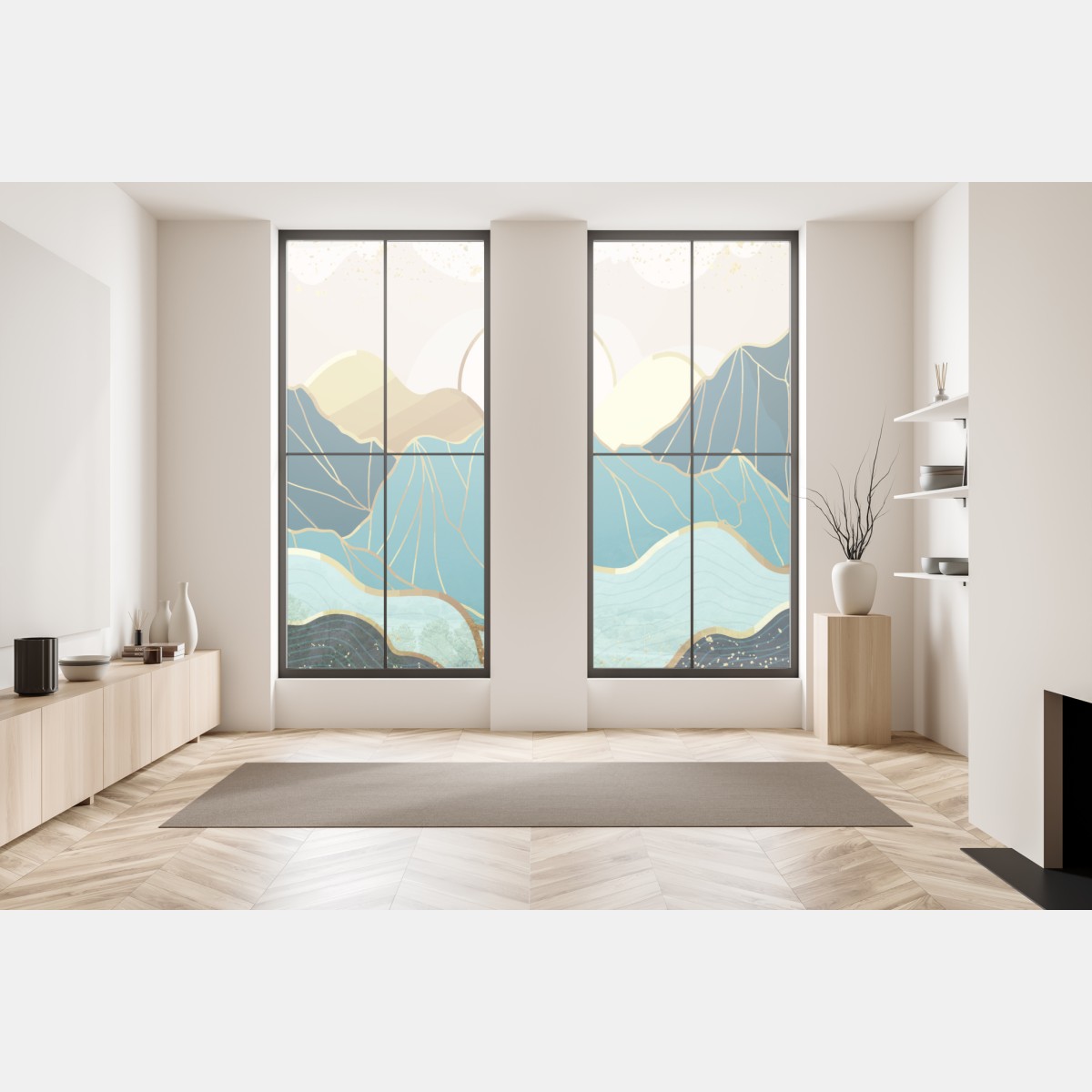 Naklejka na okno turkusowe góry o złotych akcentach – Wallissimo® Naklejka na okno turkusowe góry o złotych akcentach – Wallissimo®