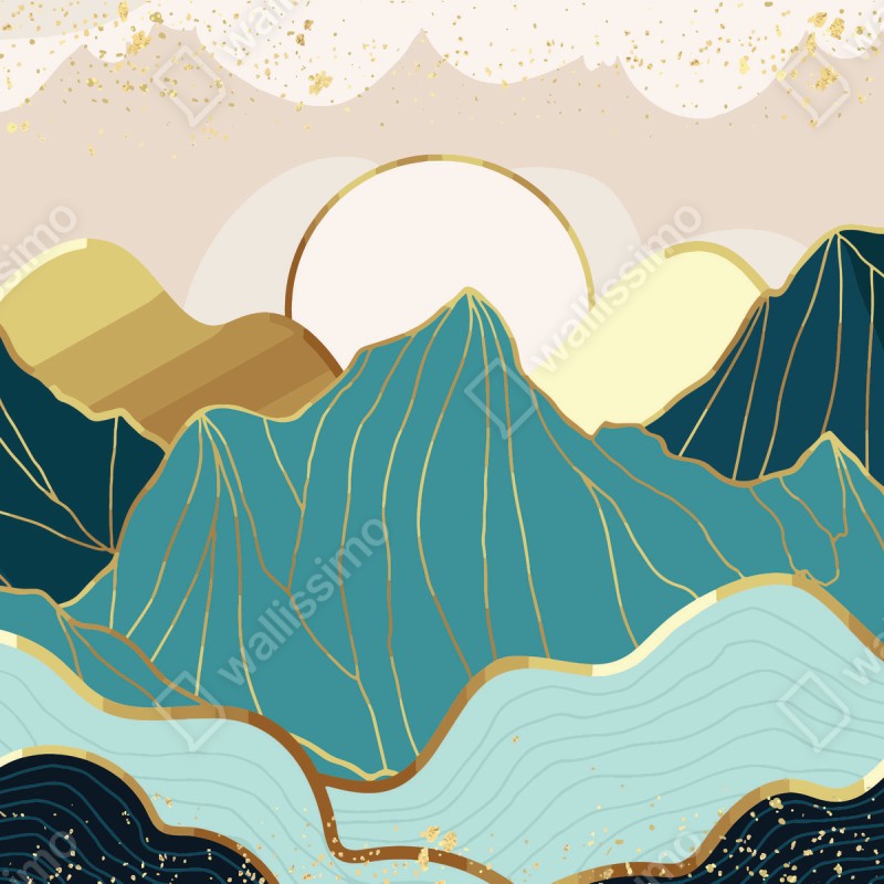 Naklejka na okno turkusowe góry o złotych akcentach – Wallissimo® Naklejka na okno turkusowe góry o złotych akcentach – Wallissimo®