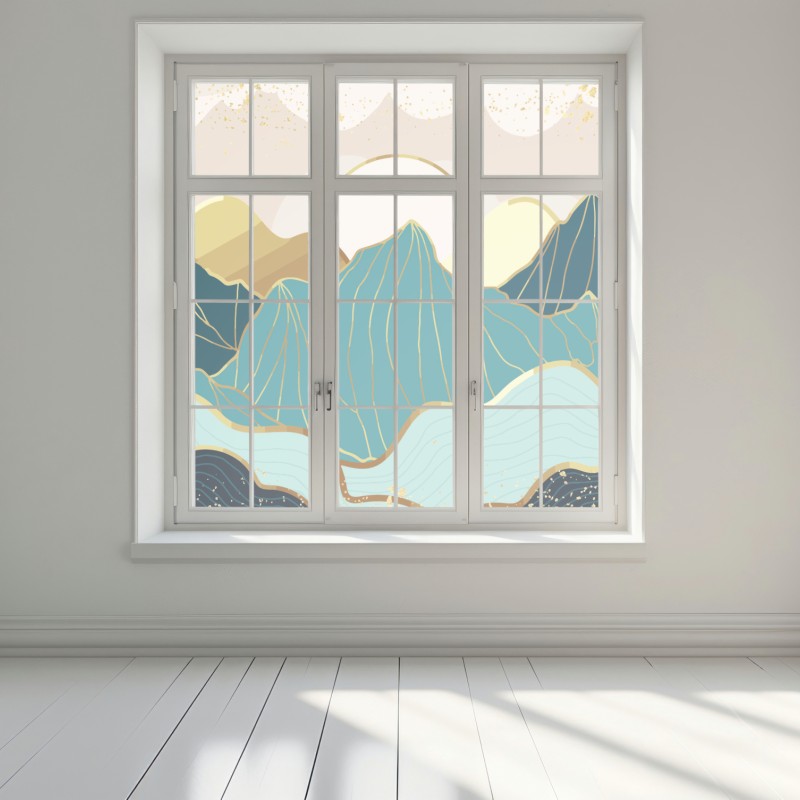 Naklejka na okno turkusowe góry o złotych akcentach – Wallissimo® Naklejka na okno turkusowe góry o złotych akcentach – Wallissimo®