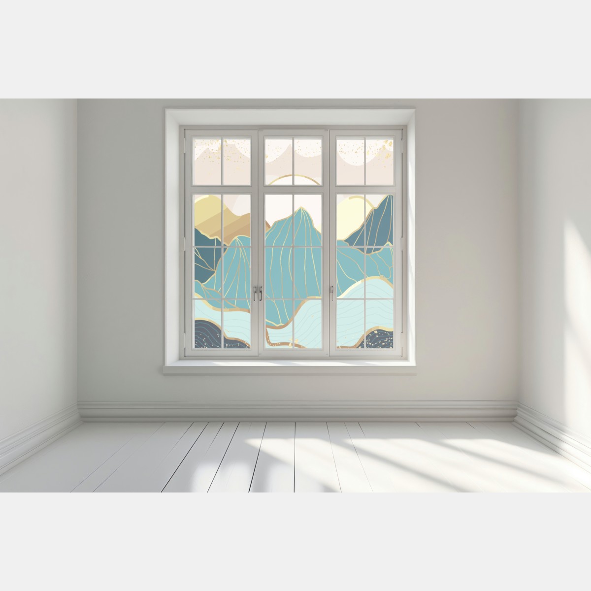 Naklejka na okno turkusowe góry o złotych akcentach – Wallissimo® Naklejka na okno turkusowe góry o złotych akcentach – Wallissimo®