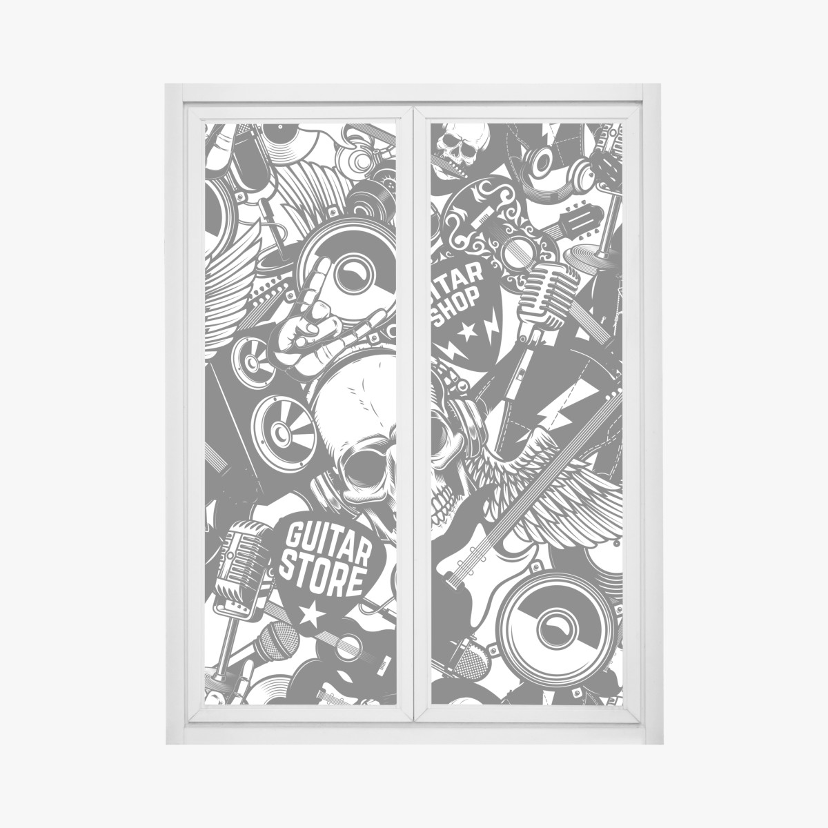 Window decal rock and roll skull music collage