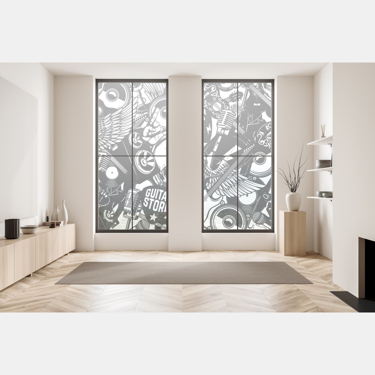 Naklejka na okno rockowy kolaż z czaszką i gitarami – Wallissimo® Naklejka na okno rockowy kolaż z czaszką i gitarami – Wallissimo®