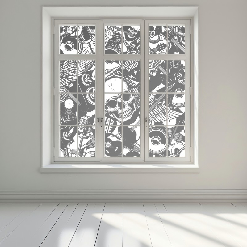 Naklejka na okno rockowy kolaż z czaszką i gitarami – Wallissimo® Naklejka na okno rockowy kolaż z czaszką i gitarami – Wallissimo®