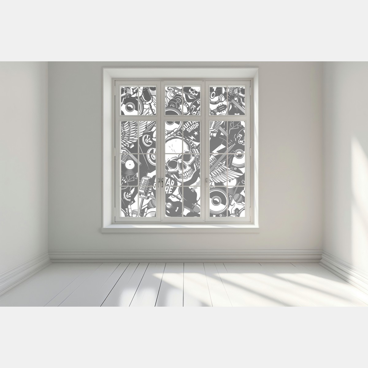 Naklejka na okno rockowy kolaż z czaszką i gitarami – Wallissimo® Naklejka na okno rockowy kolaż z czaszką i gitarami – Wallissimo®