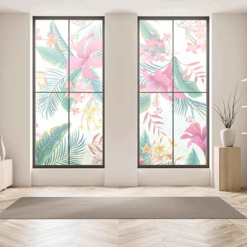 Naklejka na okno tropikalny botaniczny wzór kwiatowy – Wallissimo® Naklejka na okno tropikalny botaniczny wzór kwiatowy – Wallissimo®