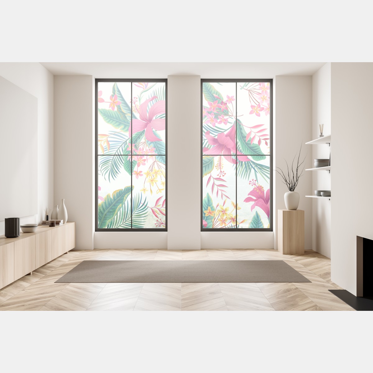 Naklejka na okno tropikalny botaniczny wzór kwiatowy – Wallissimo® Naklejka na okno tropikalny botaniczny wzór kwiatowy – Wallissimo®