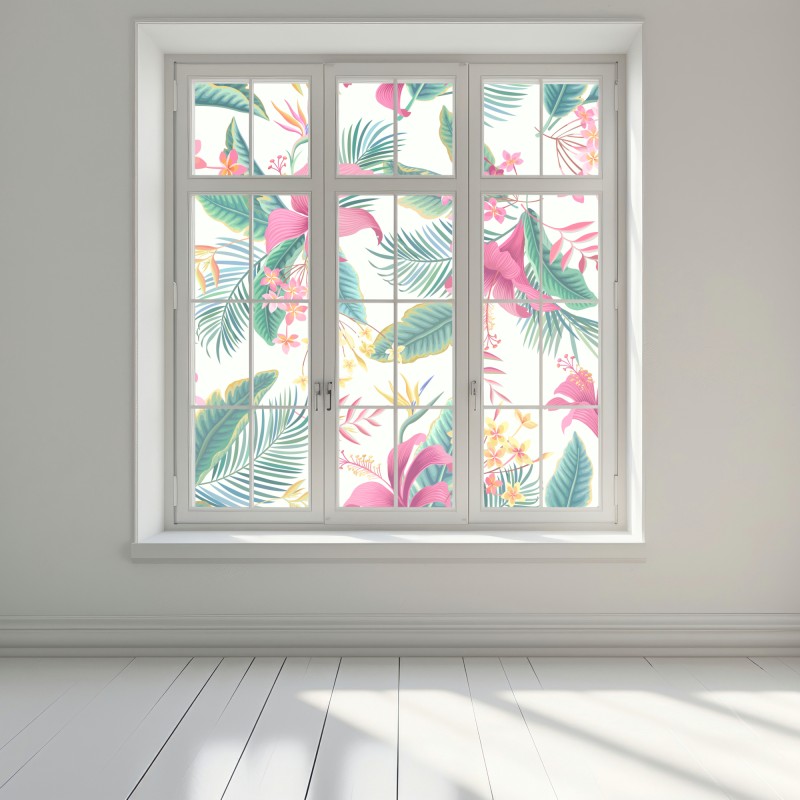 Naklejka na okno tropikalny botaniczny wzór kwiatowy – Wallissimo® Naklejka na okno tropikalny botaniczny wzór kwiatowy – Wallissimo®