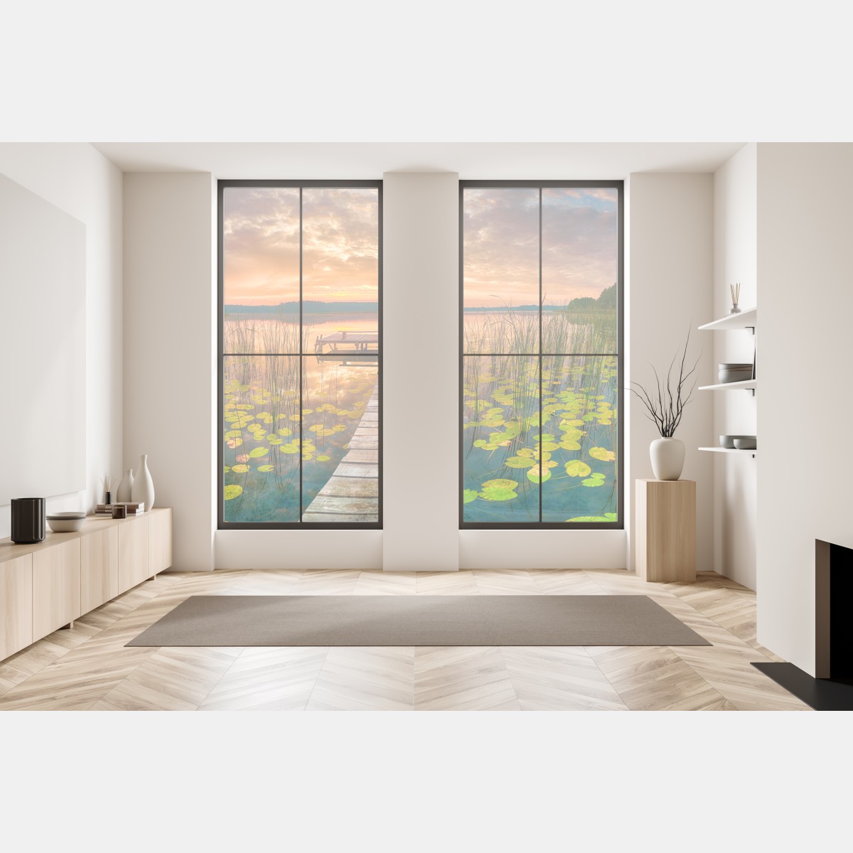 Naklejka na okno wschód słońca nad spokojnym jeziorem z drewnianym pomostem – Wallissimo® Naklejka na okno wschód słońca nad spokojnym jeziorem z drewnianym pomostem – Wallissimo®