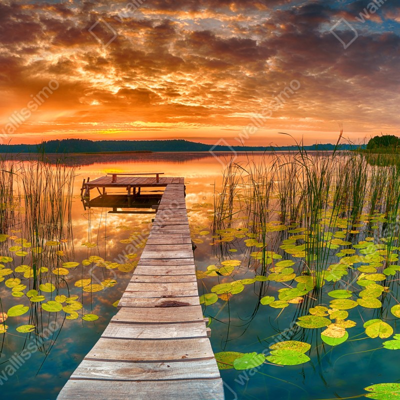 Naklejka na okno wschód słońca nad spokojnym jeziorem z drewnianym pomostem – Wallissimo® Naklejka na okno wschód słońca nad spokojnym jeziorem z drewnianym pomostem – Wallissimo®