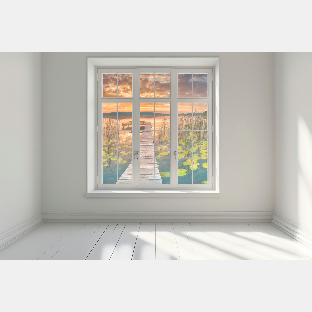 Naklejka na okno wschód słońca nad spokojnym jeziorem z drewnianym pomostem – Wallissimo® Naklejka na okno wschód słońca nad spokojnym jeziorem z drewnianym pomostem – Wallissimo®