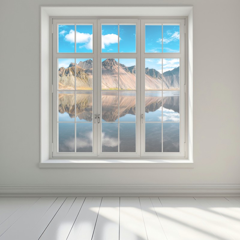 Naklejka na okno odbicie Vestrahorn na spokojnych wodach Stokksnes, Islandia – Wallissimo® Naklejka na okno odbicie Vestrahorn na spokojnych wodach Stokksnes, Islandia – Wallissimo®