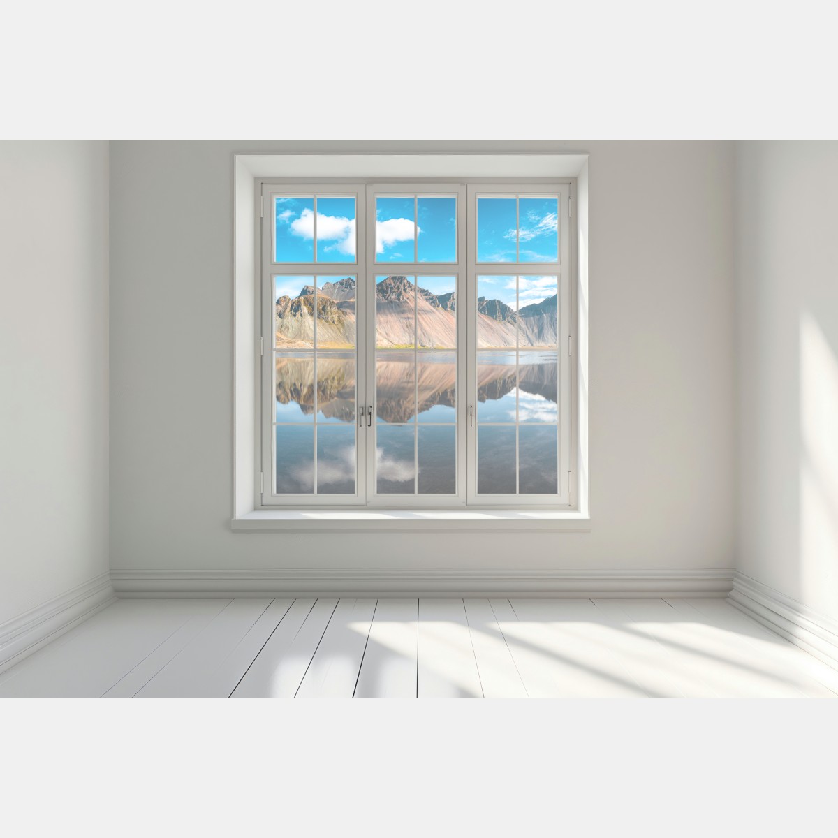 Naklejka na okno odbicie Vestrahorn na spokojnych wodach Stokksnes, Islandia – Wallissimo® Naklejka na okno odbicie Vestrahorn na spokojnych wodach Stokksnes, Islandia – Wallissimo®