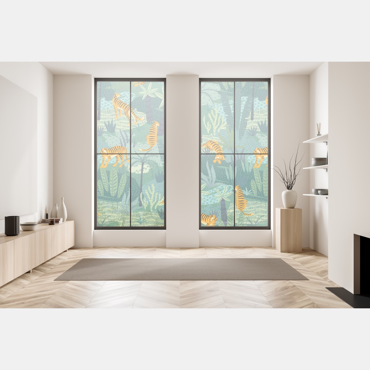 Naklejka na okno tygrysy w tropikalnej dżungli – Wallissimo® Naklejka na okno tygrysy w tropikalnej dżungli – Wallissimo®