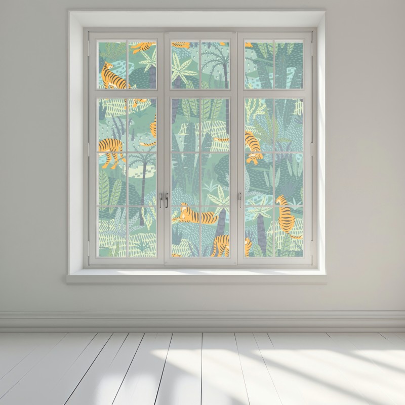 Naklejka na okno tygrysy w tropikalnej dżungli – Wallissimo® Naklejka na okno tygrysy w tropikalnej dżungli – Wallissimo®
