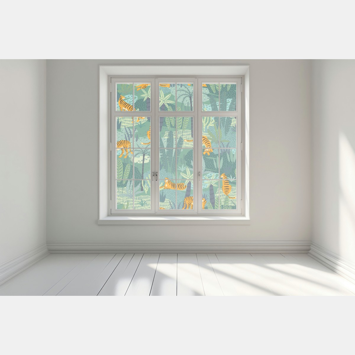 Naklejka na okno tygrysy w tropikalnej dżungli – Wallissimo® Naklejka na okno tygrysy w tropikalnej dżungli – Wallissimo®