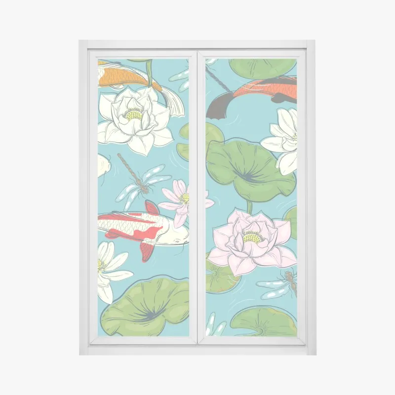 Naklejka na okno koi, lilie wodne i ważki na błękitnym stawie