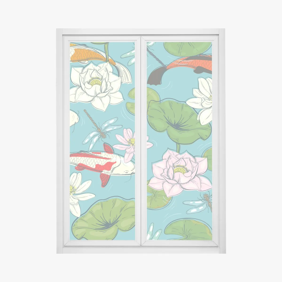 Naklejka na okno koi, lilie wodne i ważki na błękitnym stawie – Wallissimo® Naklejka na okno koi, lilie wodne i ważki na błękitnym stawie – Wallissimo®