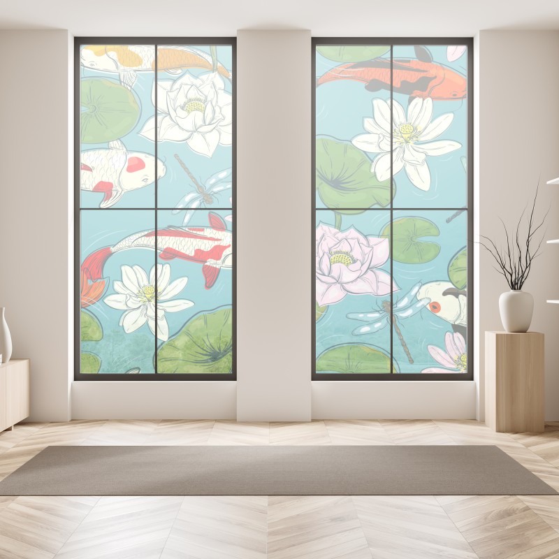 Naklejka na okno tropikalne fioletowe liście na żółtym tle – Wallissimo®