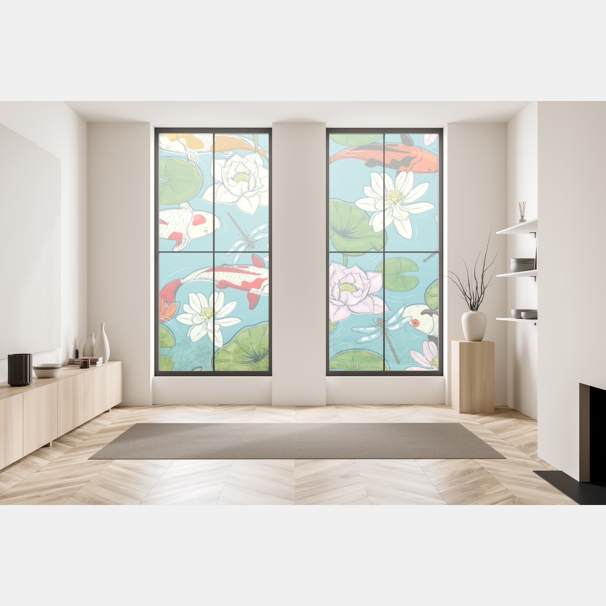Naklejka na okno koi, lilie wodne i ważki na błękitnym stawie – Wallissimo® Naklejka na okno koi, lilie wodne i ważki na błękitnym stawie – Wallissimo®