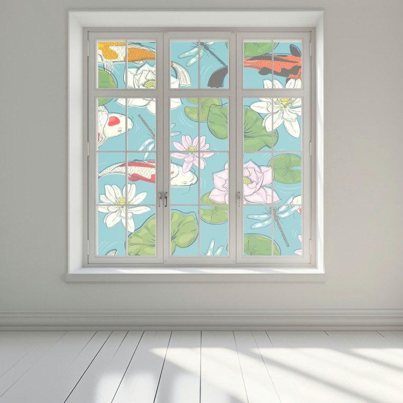 Naklejka na okno koi, lilie wodne i ważki na błękitnym stawie – Wallissimo® Naklejka na okno koi, lilie wodne i ważki na błękitnym stawie – Wallissimo®