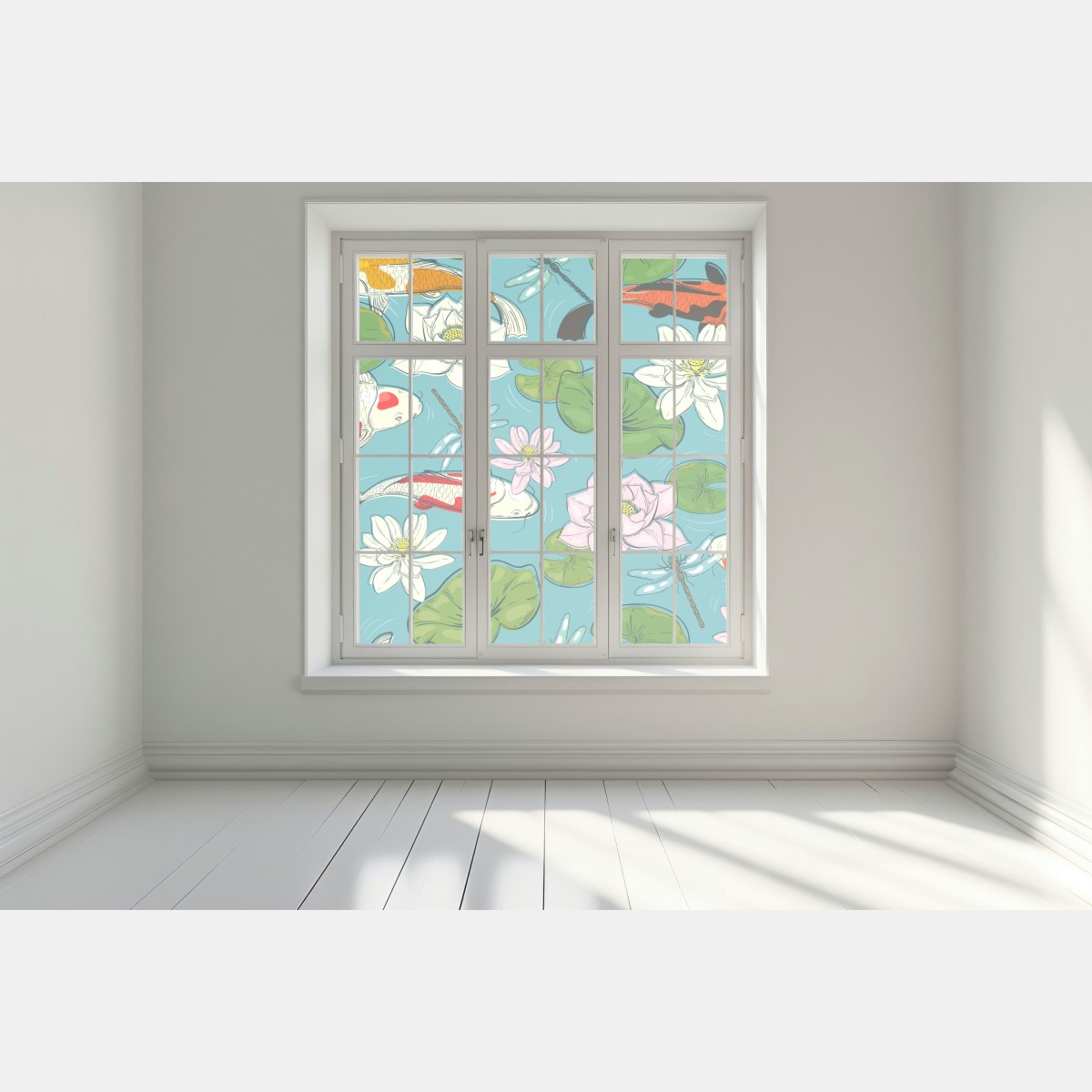 Naklejka na okno koi, lilie wodne i ważki na błękitnym stawie – Wallissimo® Naklejka na okno koi, lilie wodne i ważki na błękitnym stawie – Wallissimo®