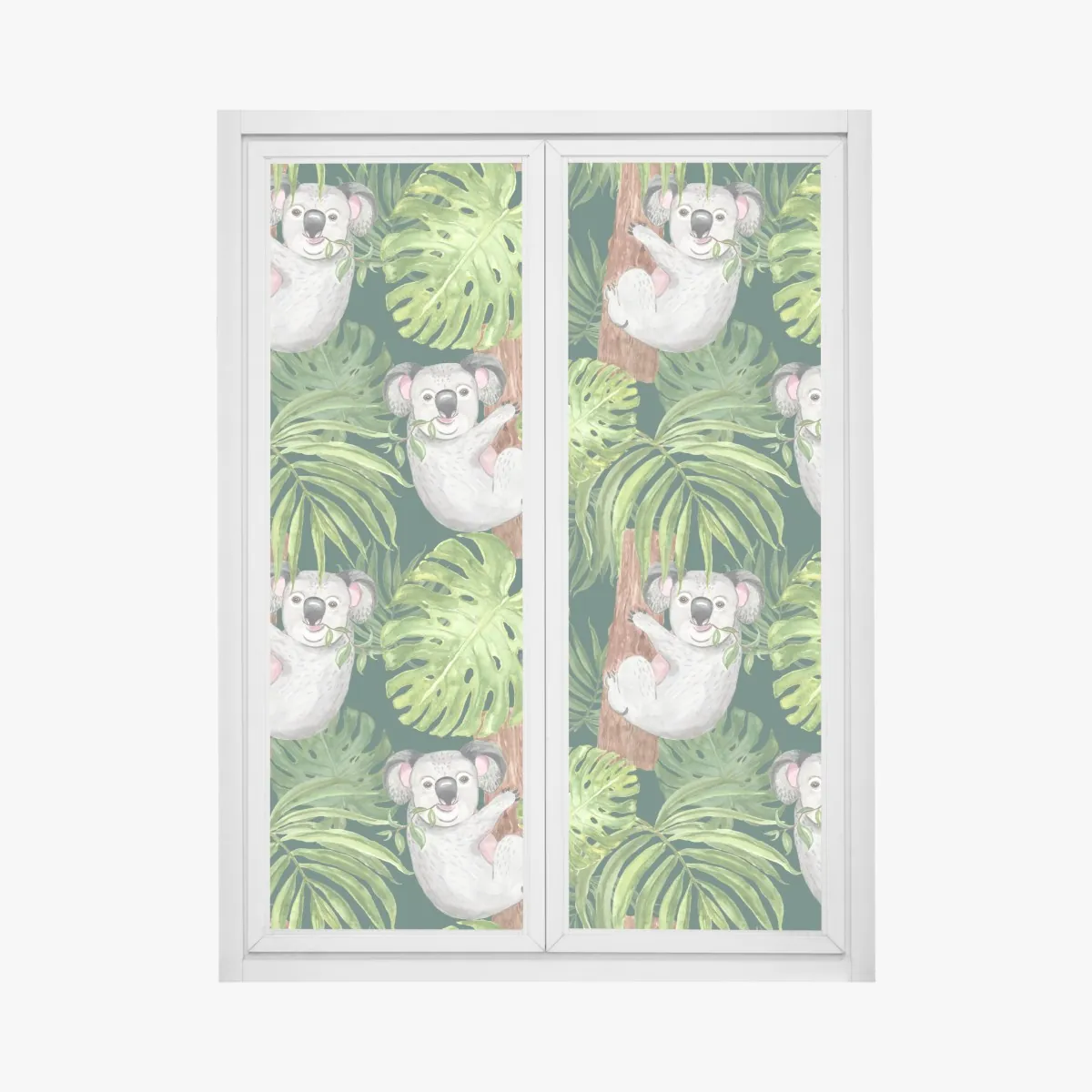 Naklejka na okno uroczy wzór z koalami i tropikalnymi liśćmi w akwareli – Wallissimo® Naklejka na okno uroczy wzór z koalami i tropikalnymi liśćmi w akwareli – Wallissimo®