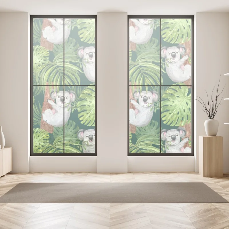 Naklejka na okno uroczy wzór z koalami i tropikalnymi liśćmi w akwareli