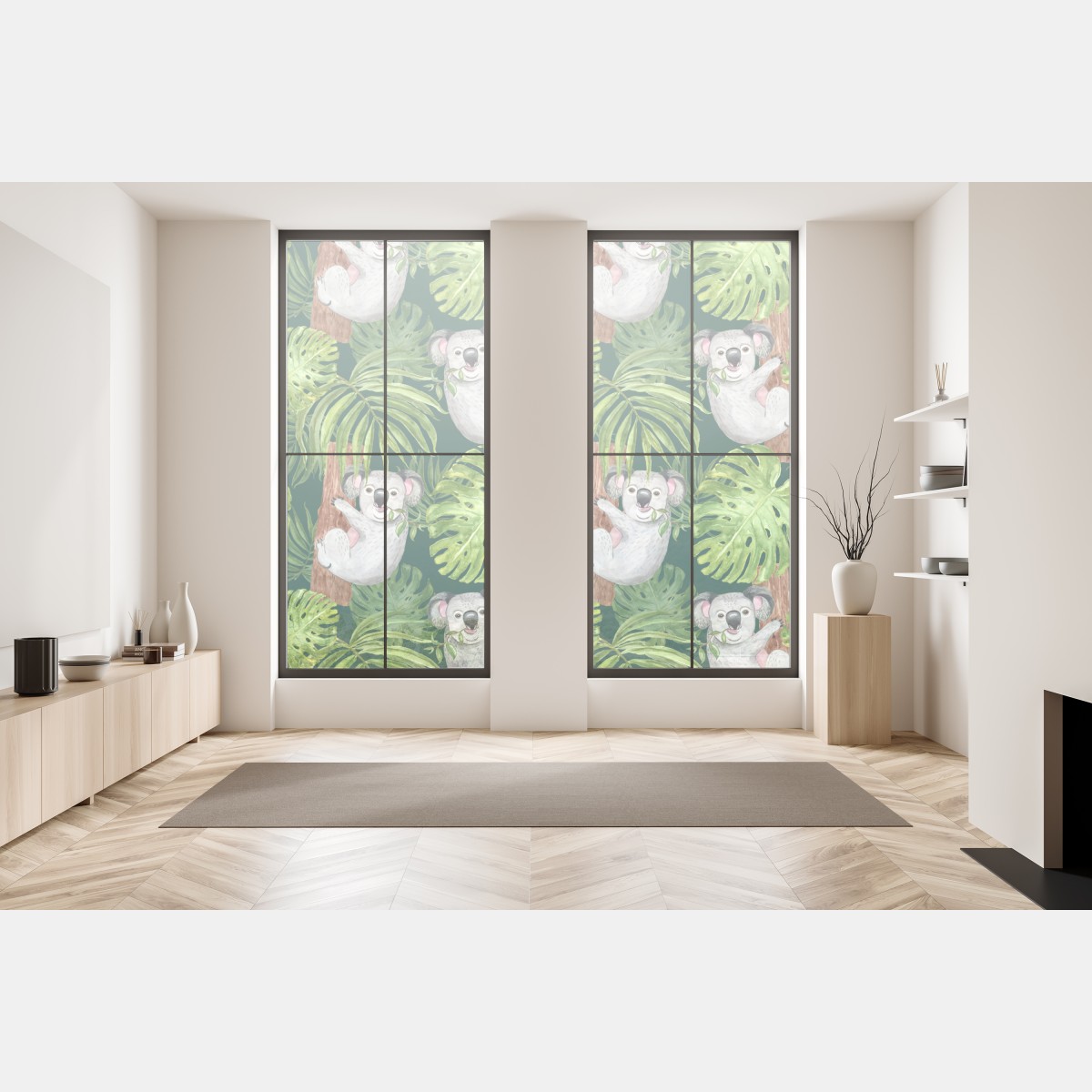 Naklejka na okno uroczy wzór z koalami i tropikalnymi liśćmi w akwareli – Wallissimo® Naklejka na okno uroczy wzór z koalami i tropikalnymi liśćmi w akwareli – Wallissimo®