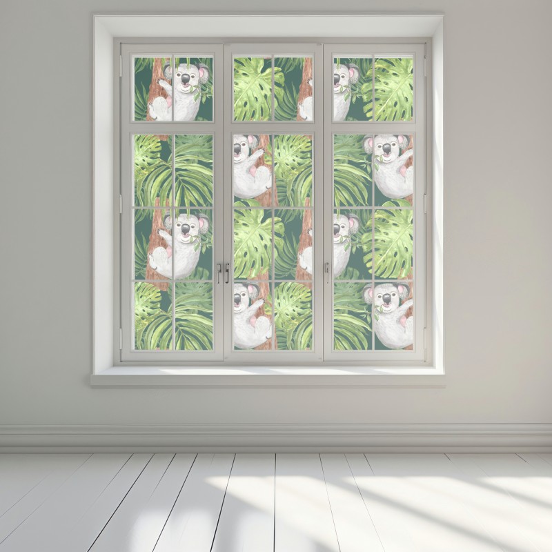 Naklejka na okno uroczy wzór z koalami i tropikalnymi liśćmi w akwareli – Wallissimo® Naklejka na okno uroczy wzór z koalami i tropikalnymi liśćmi w akwareli – Wallissimo®