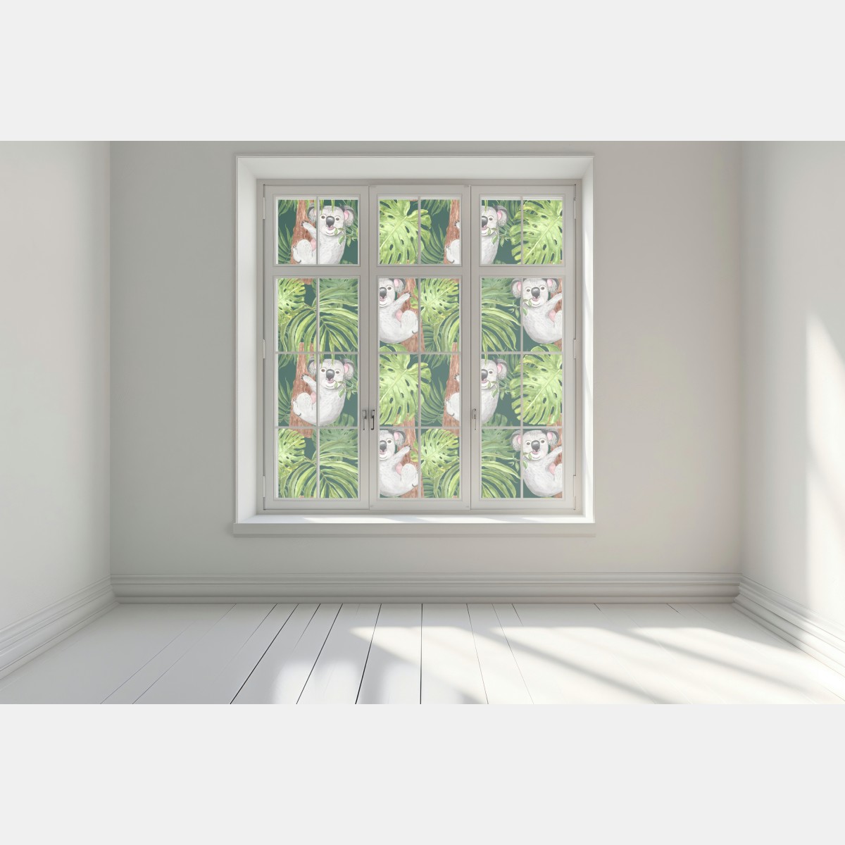 Naklejka na okno uroczy wzór z koalami i tropikalnymi liśćmi w akwareli – Wallissimo® Naklejka na okno uroczy wzór z koalami i tropikalnymi liśćmi w akwareli – Wallissimo®