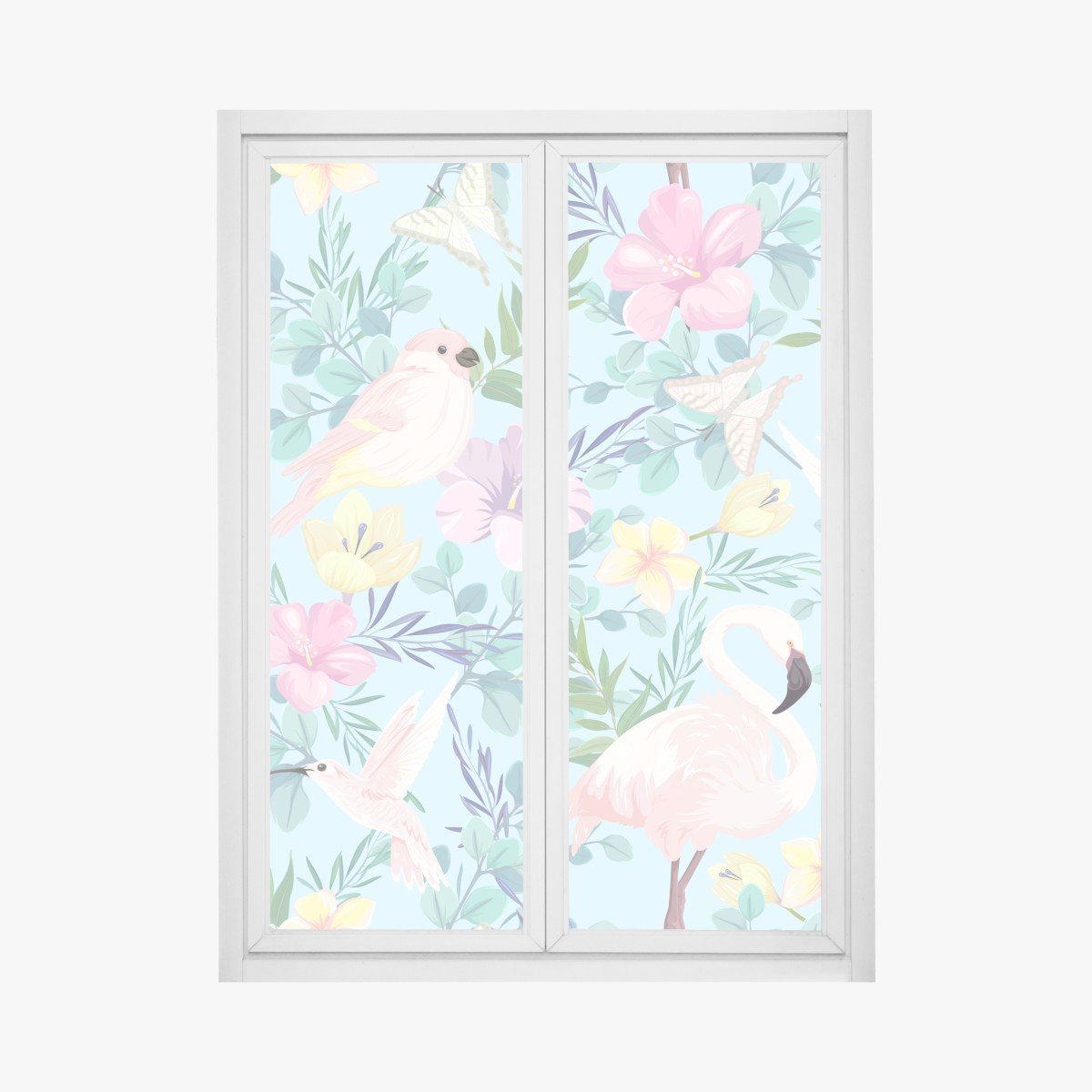 Window decal pastel tropical birds and floral pattern