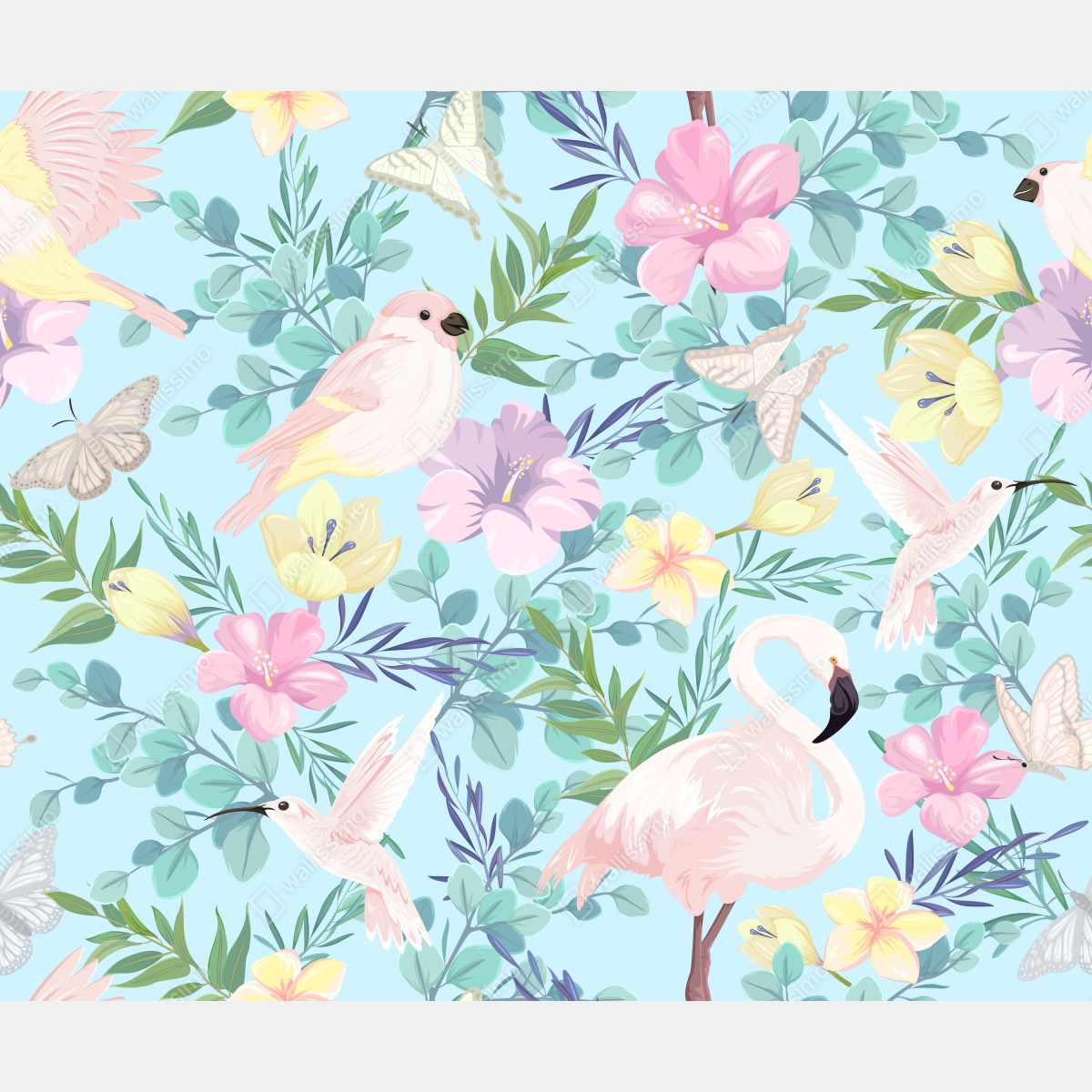 Naklejka na okno pastelowy wzór z tropikalnymi ptakami i kwiatami – Wallissimo® Naklejka na okno pastelowy wzór z tropikalnymi ptakami i kwiatami – Wallissimo®