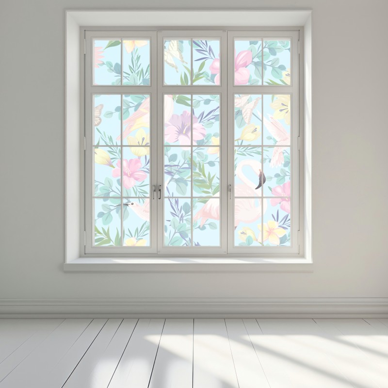 Naklejka na okno pastelowy wzór z tropikalnymi ptakami i kwiatami – Wallissimo® Naklejka na okno pastelowy wzór z tropikalnymi ptakami i kwiatami – Wallissimo®