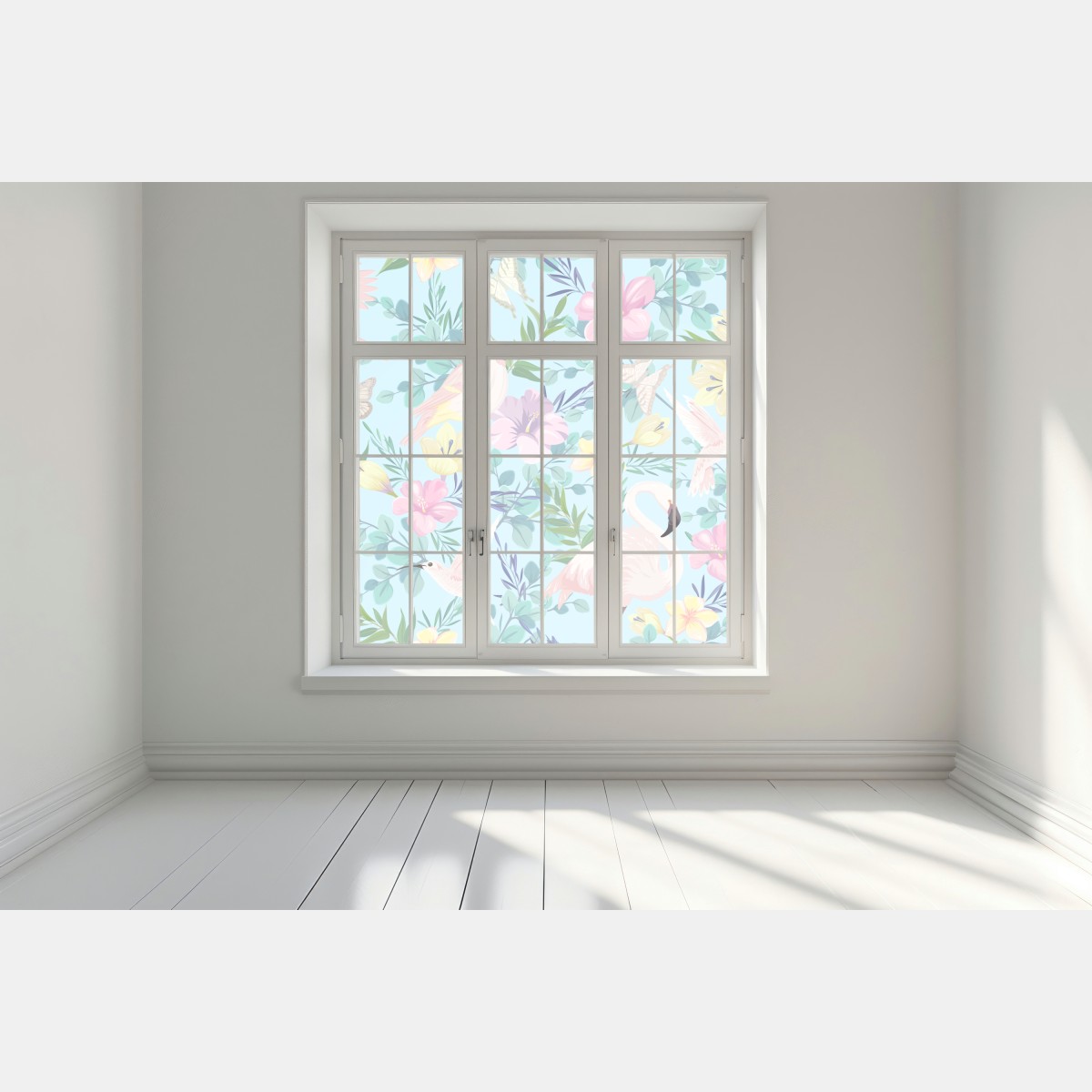 Naklejka na okno pastelowy wzór z tropikalnymi ptakami i kwiatami – Wallissimo® Naklejka na okno pastelowy wzór z tropikalnymi ptakami i kwiatami – Wallissimo®