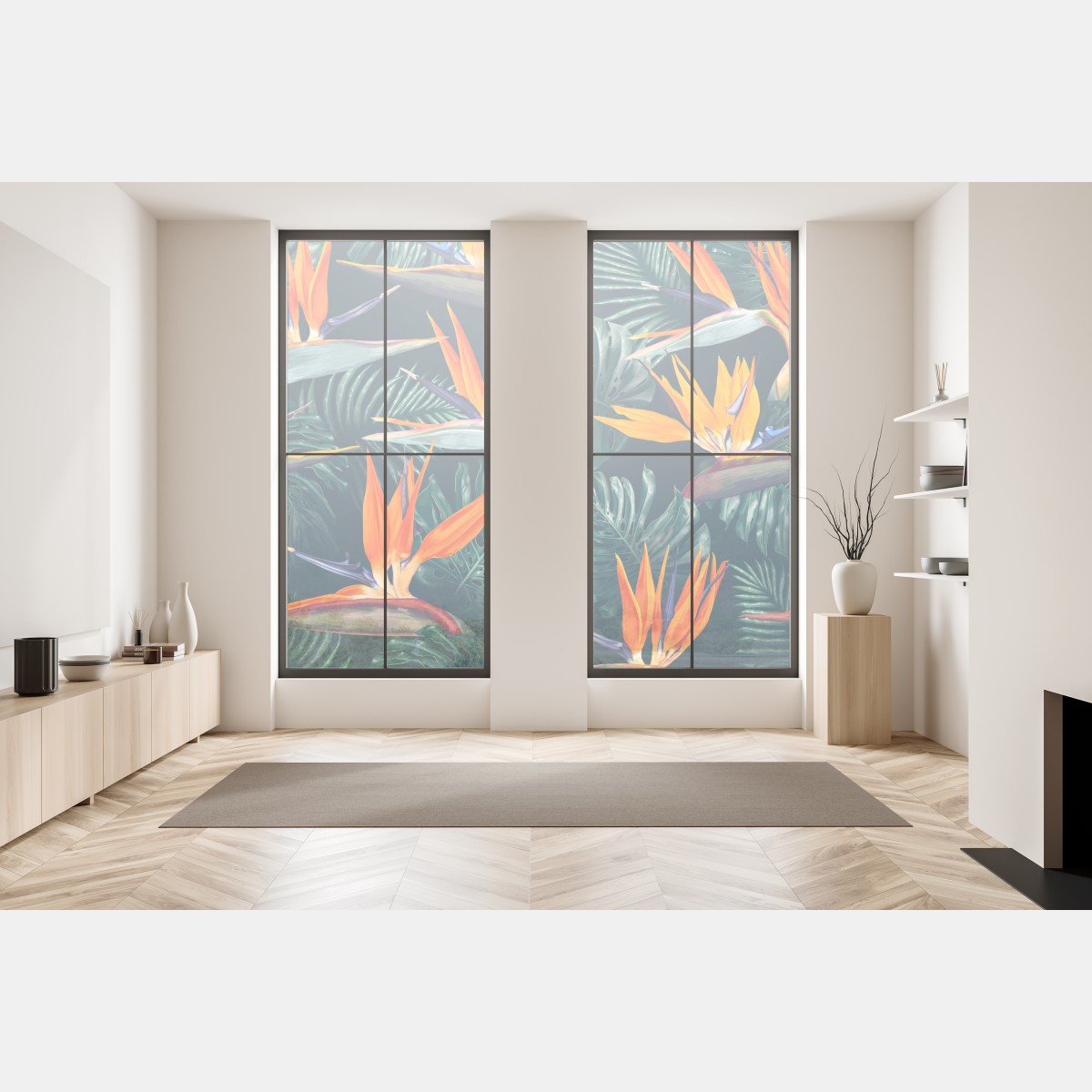 Naklejka na okno egzotyczny motyw rajskich ptaków i liści monstery – Wallissimo® Naklejka na okno egzotyczny motyw rajskich ptaków i liści monstery – Wallissimo®